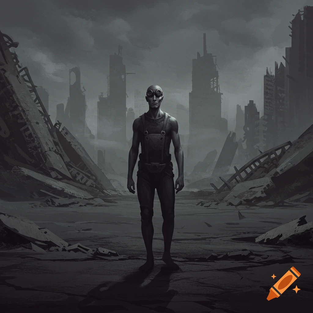 A bald figure with goggles on his forehead stands solemnly in a monochromatic, ruined post-apocalyptic city.