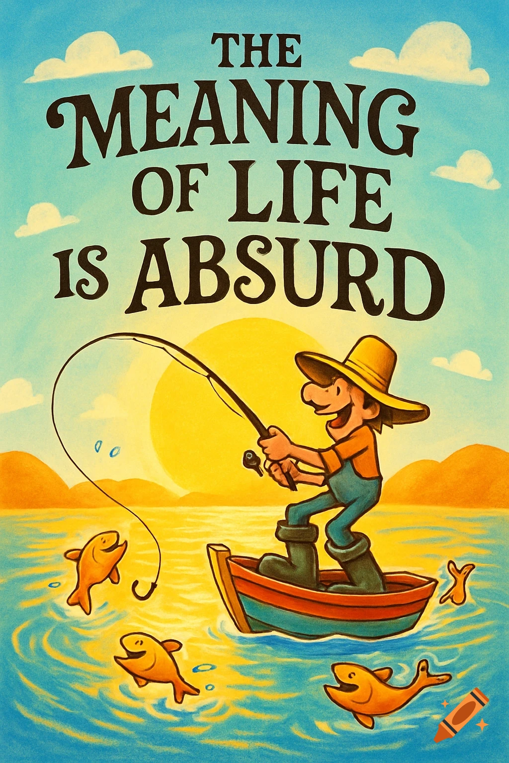 Whimsical cartoon of a man fishing from a boat, surrounded by smiling fish, under text 'THE MEANING OF LIFE IS ABSURD'.