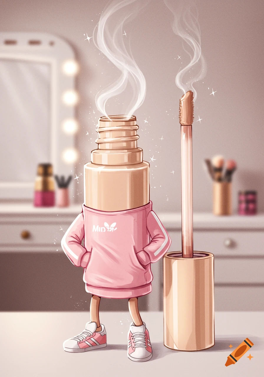 Cartoon makeup concealer bottle smoking, wearing a pink sweatshirt with a 'MiD' logo and pink Adidas-style shoes on a vanity table.