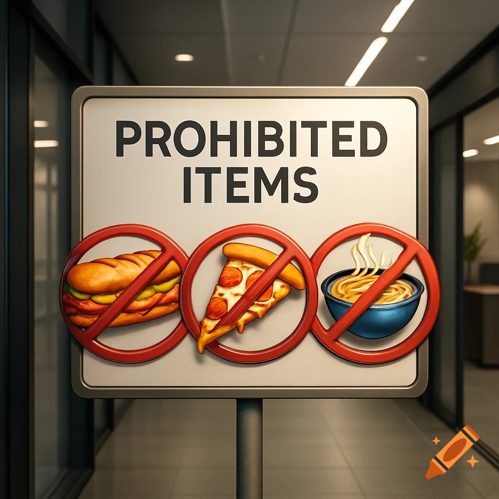 A sign in an office hallway prohibits a sub sandwich, a pizza slice, and a bowl of noodles.