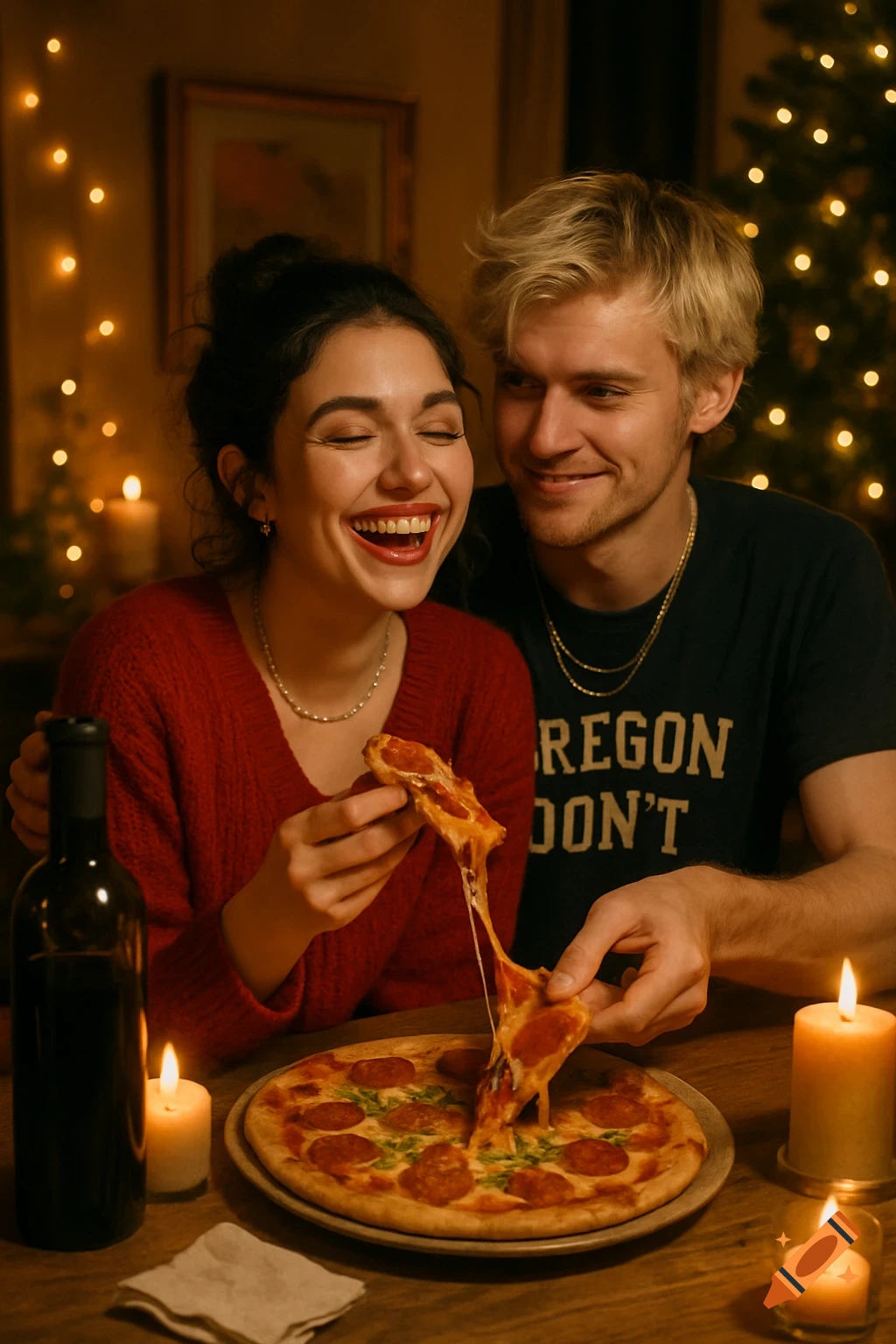 A happy couple laughing while sharing a pizza at a candlelit table with a Christmas tree in the background, photorealistic style.