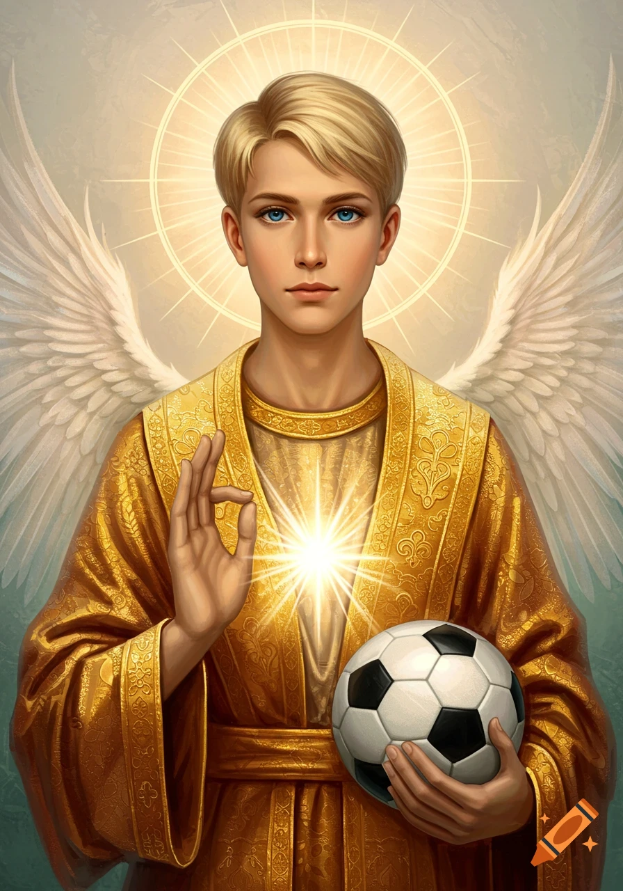 Blond young man with blue eyes, wings, and a halo, in golden robes, holds a soccer ball and makes a blessing gesture.