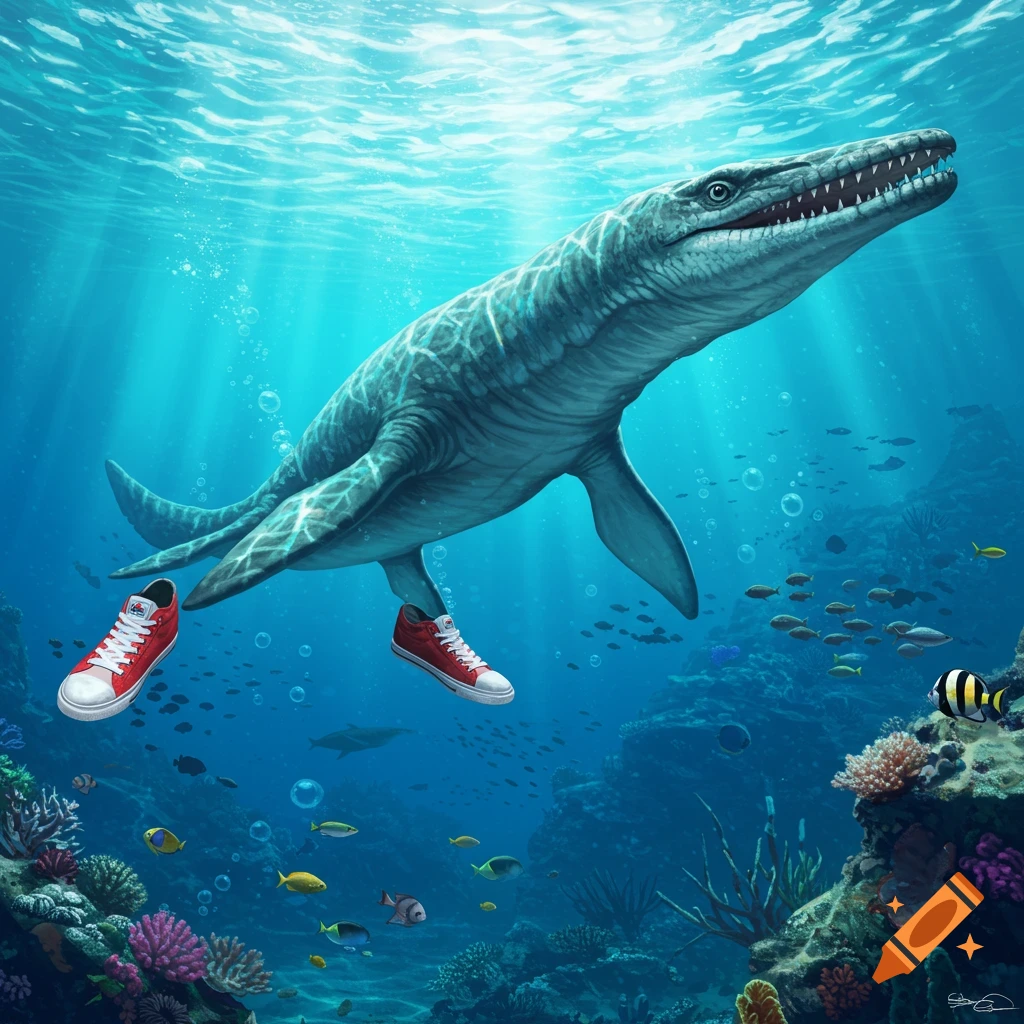 A mosasaur wearing red high-top sneakers swims underwater among coral and tropical fish, with light rays filtering from above.
