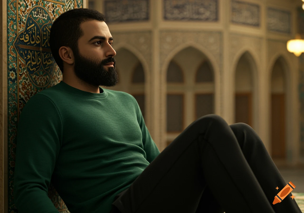 A bearded man in a green sweater and black pants sits leaning against a tiled wall in an ornate Islamic building, photorealistic.