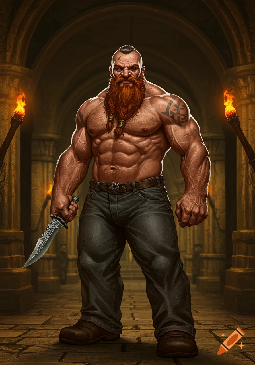Muscular dwarf-like man with a red beard, mohawk, and tattoos, holding a dagger in a torchlit dungeon hallway.