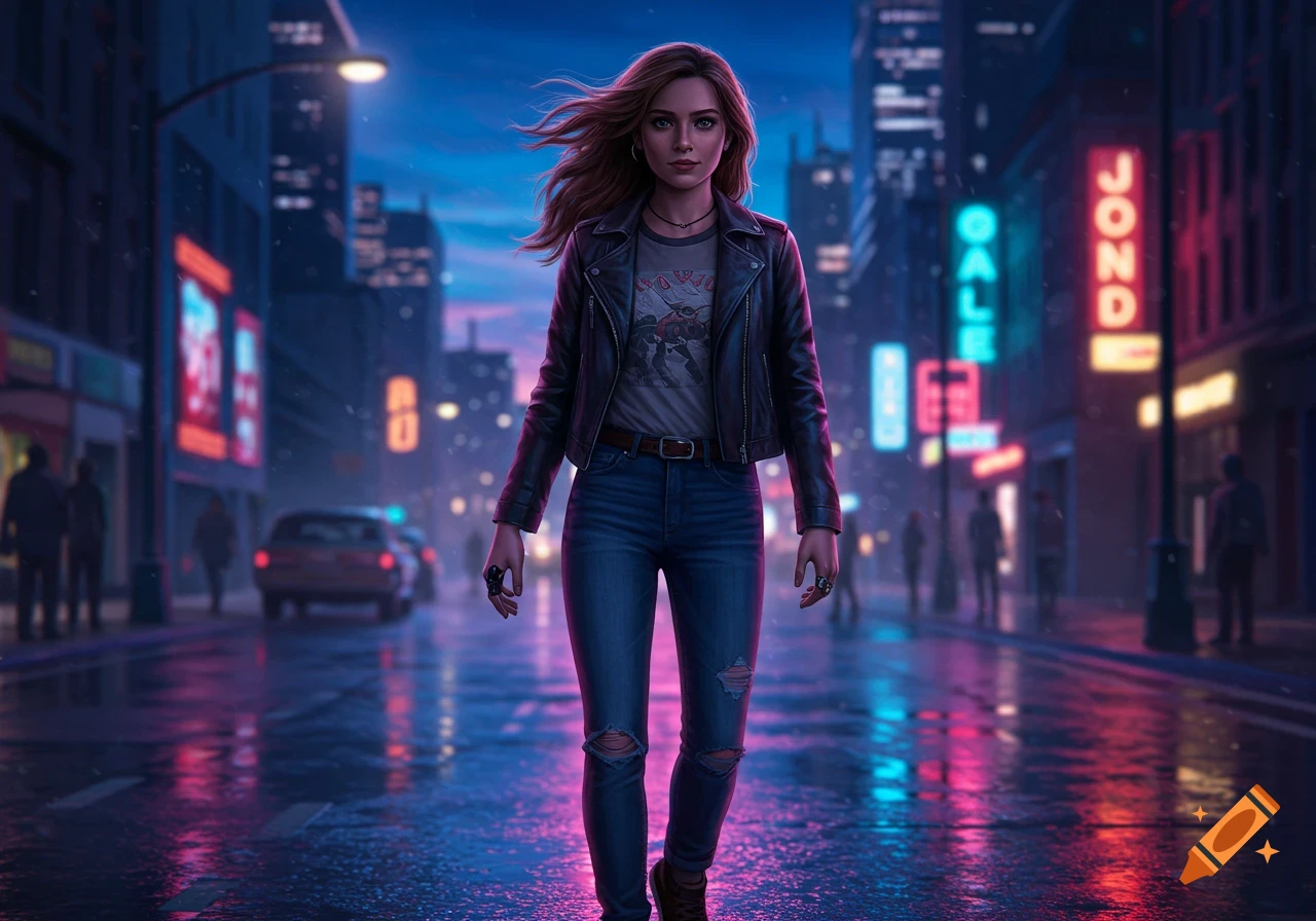 A young woman in a leather jacket and ripped jeans walks down a wet city street at night, illuminated by colorful neon lights.