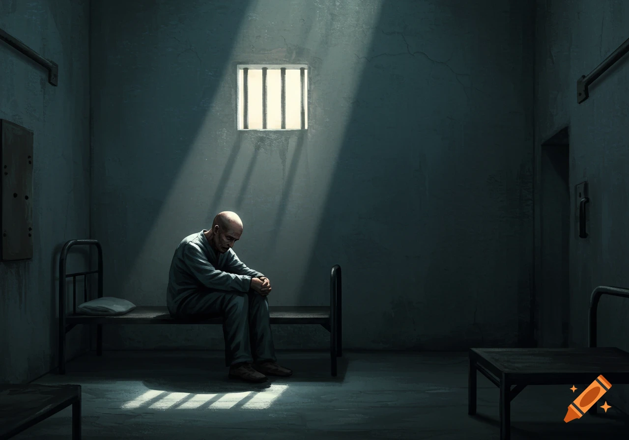 Bald man in uniform sits on a bed in a dark prison cell with light from a barred window. Illustration.