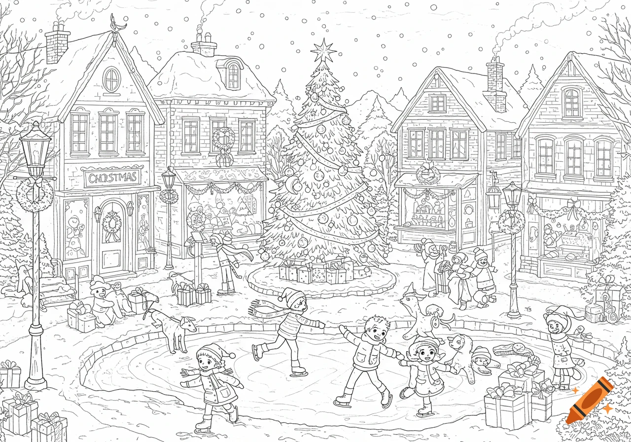 A black and white line art coloring page of a festive Christmas village with children ice skating around a decorated Christmas tree.