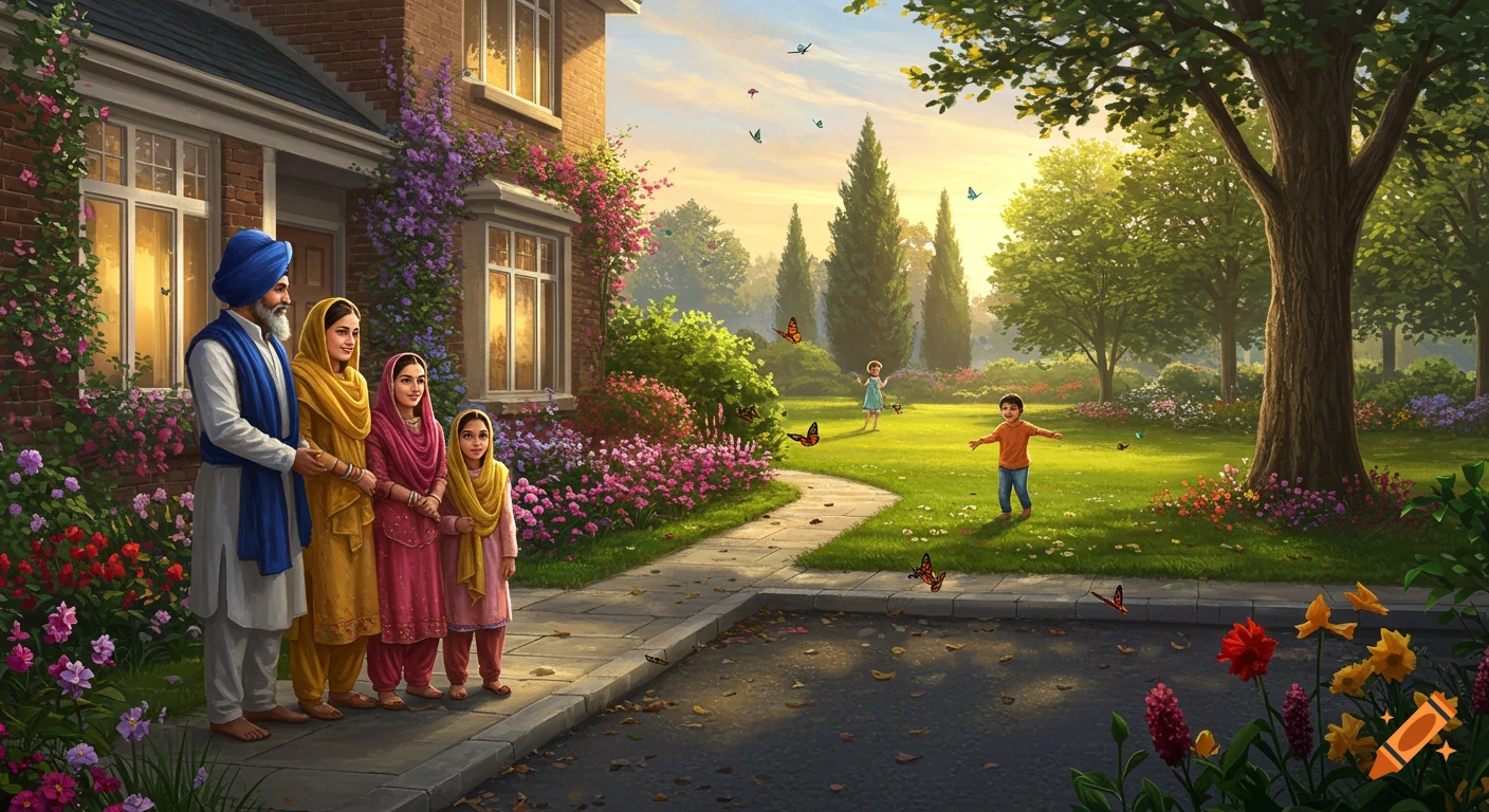 A Sikh family stands outside a brick house with flowering vines, watching two children play in a sunlit garden with butterflies.