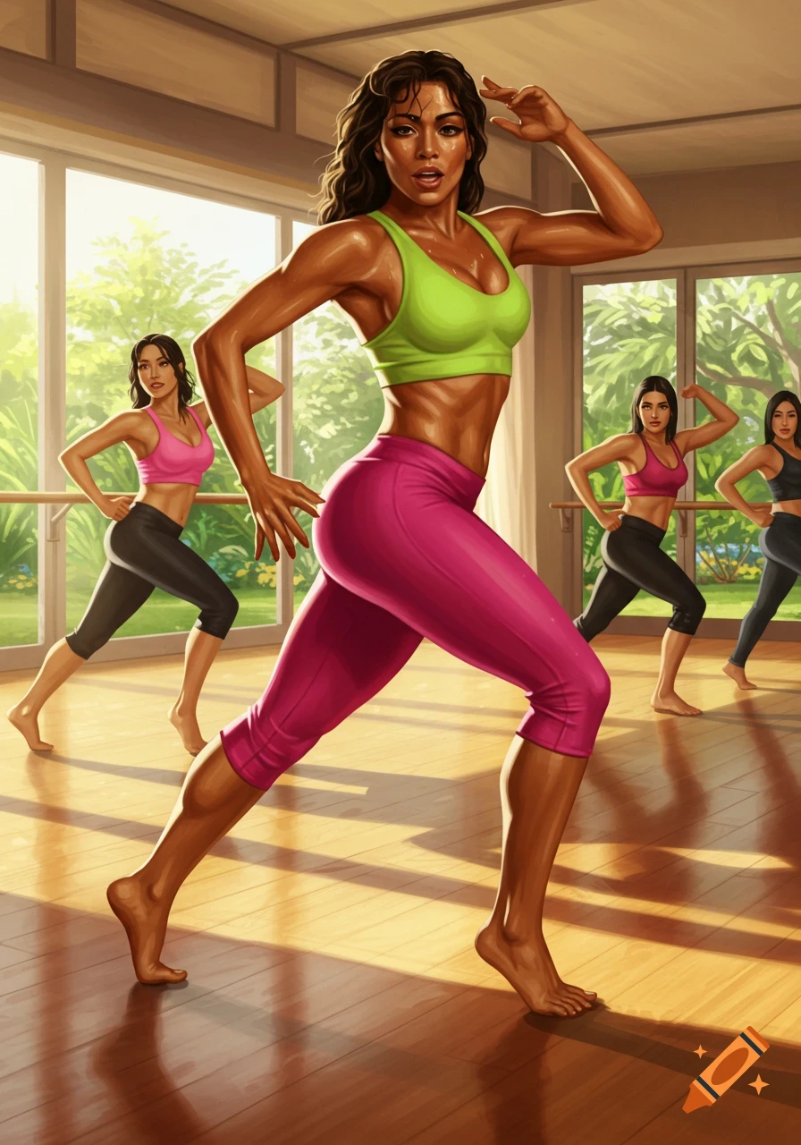 Women in a bright studio doing an aerobics class, led by a woman in a green sports bra and pink capris.