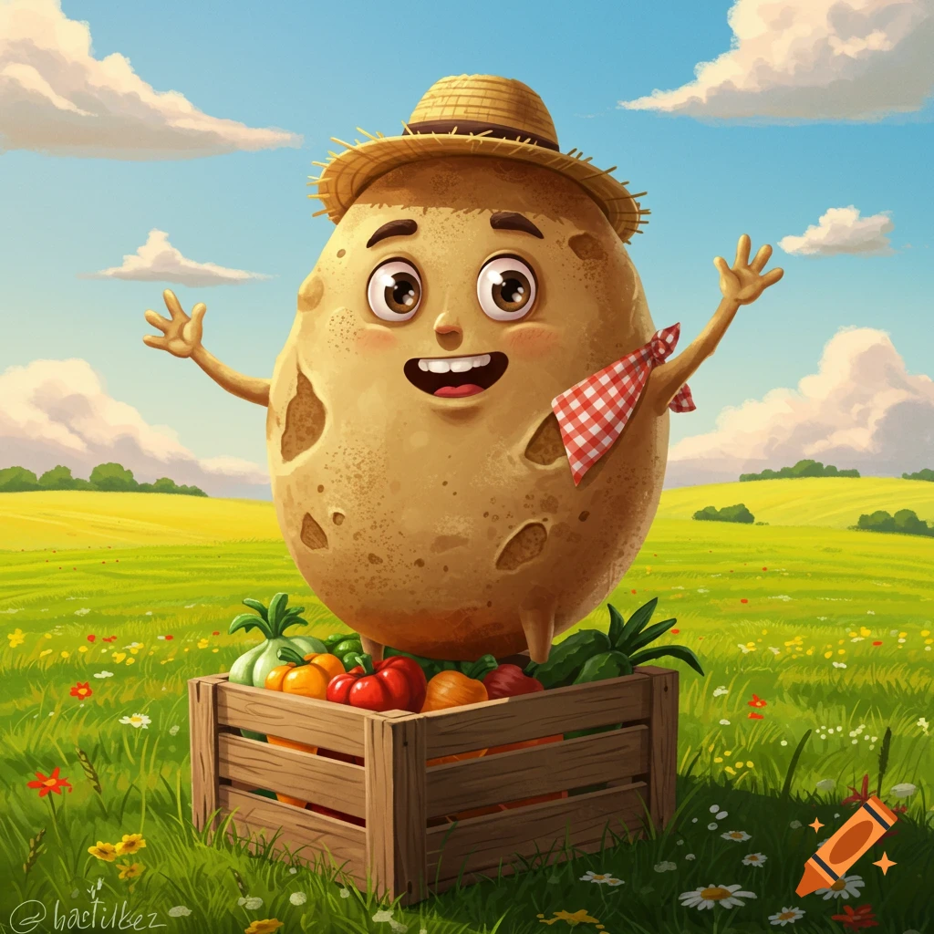 A happy cartoon potato with a straw hat and plaid scarf waves in a sunny green field, with a crate of vegetables.