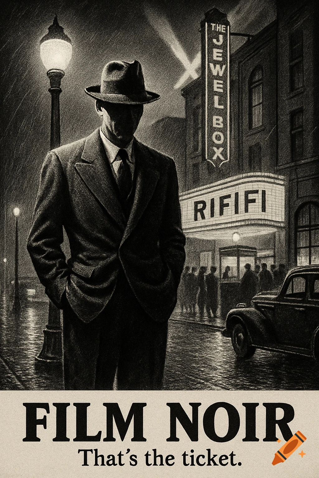 Gritty black and white film noir illustration of a man in a fedora and suit on a rainy street at night, with a movie theater and vintage car.