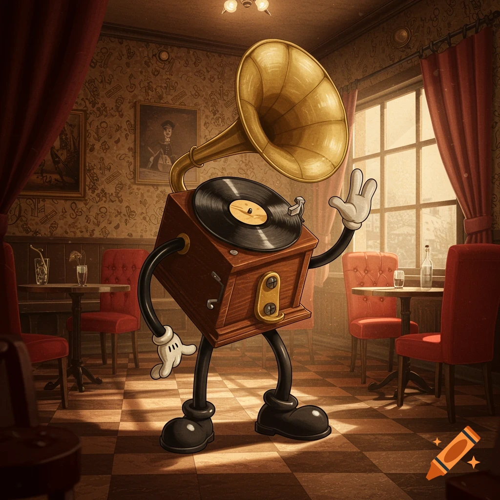 A rubber hose cartoon-style anthropomorphic record player waves in a vintage cafe.