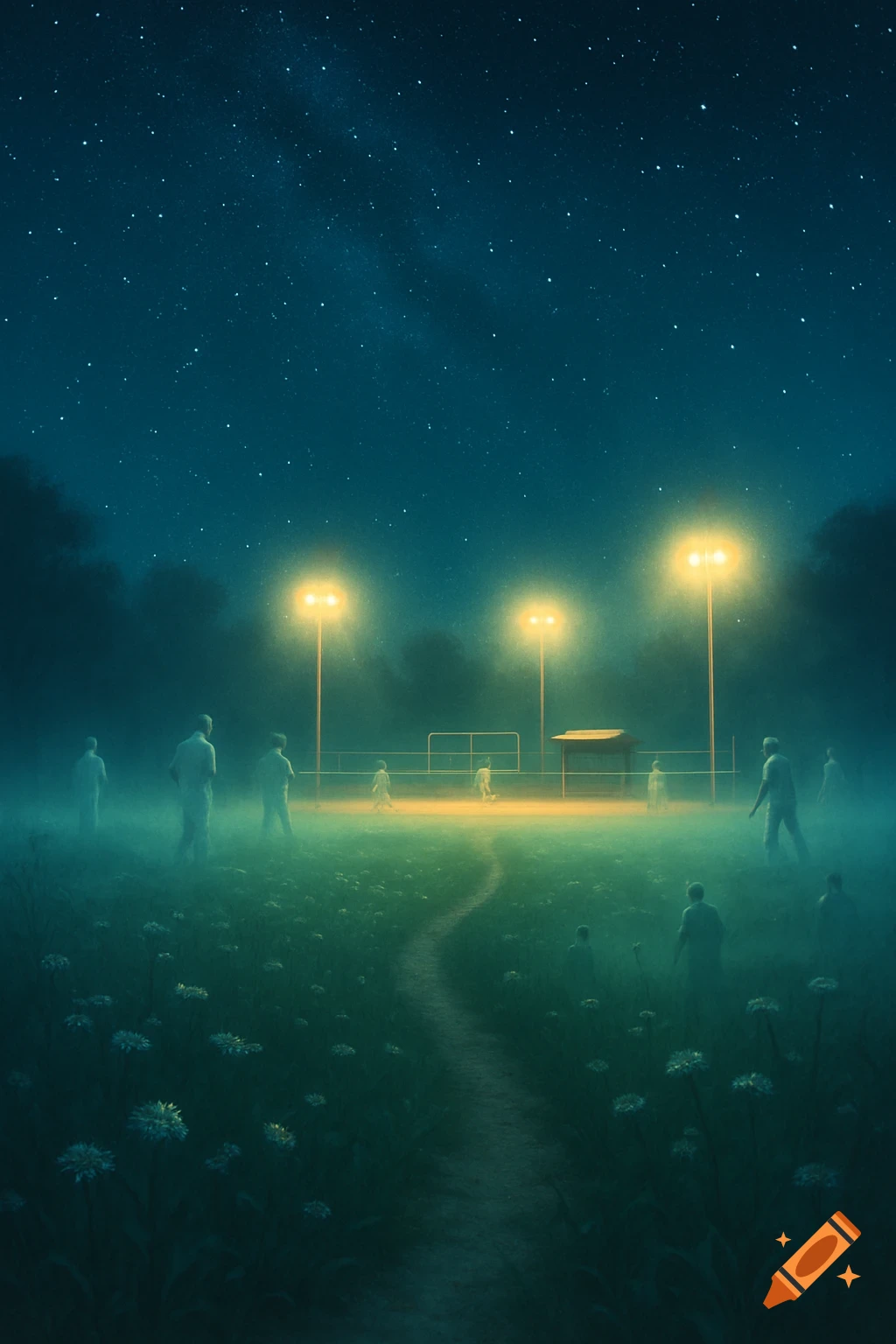A misty field at night under a starry sky, with blurry figures near stadium lights and a path leading through. Surreal art.