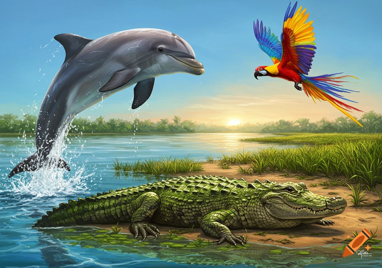A vibrant illustration of a dolphin jumping from water, an alligator on the bank, and a colorful parrot flying overhead at sunset.