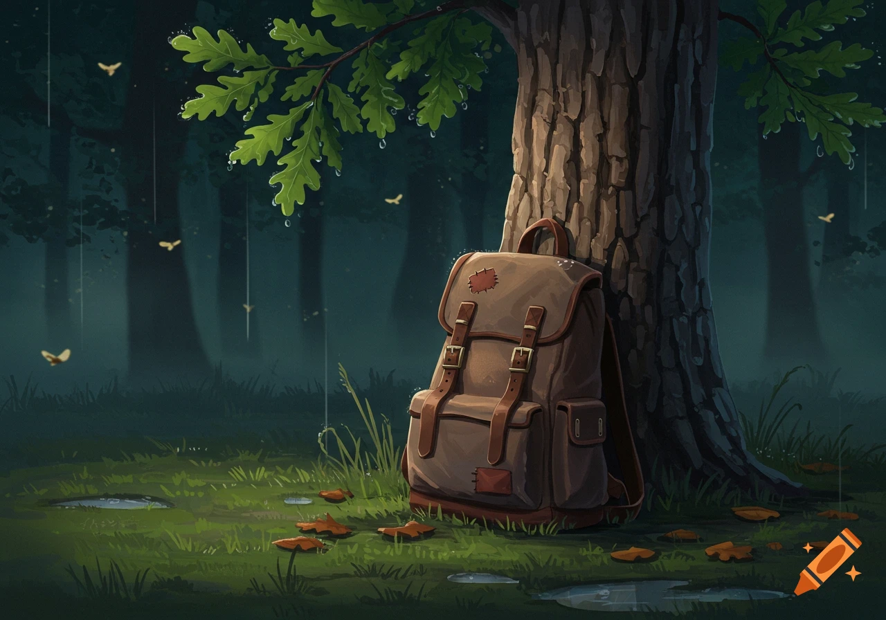 Digital illustration of a brown backpack leaning against a tree in a rainy, dark forest with puddles and oak leaves.
