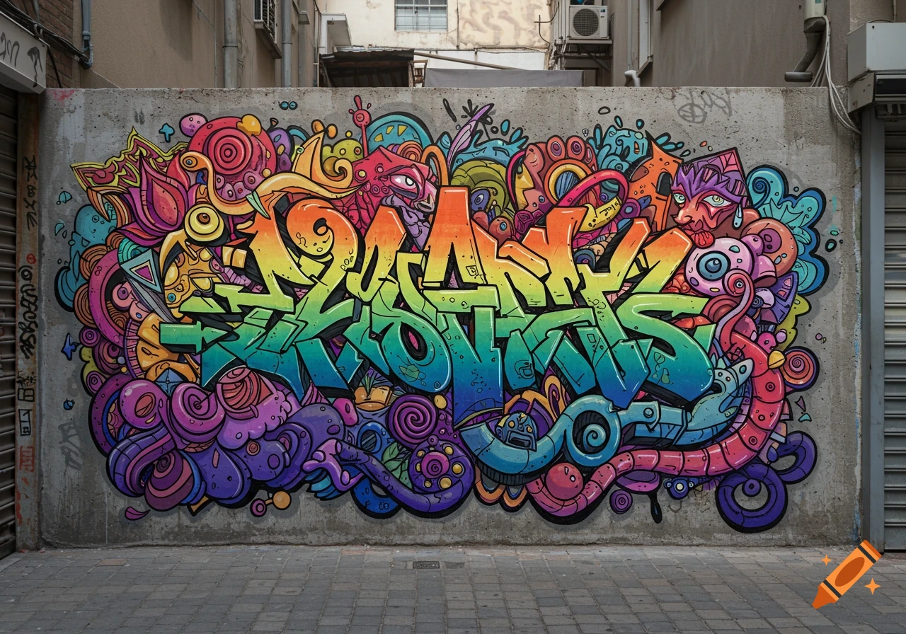 A vibrant and detailed graffiti mural on a concrete wall, featuring colorful stylized letters and abstract organic shapes in an urban setting.