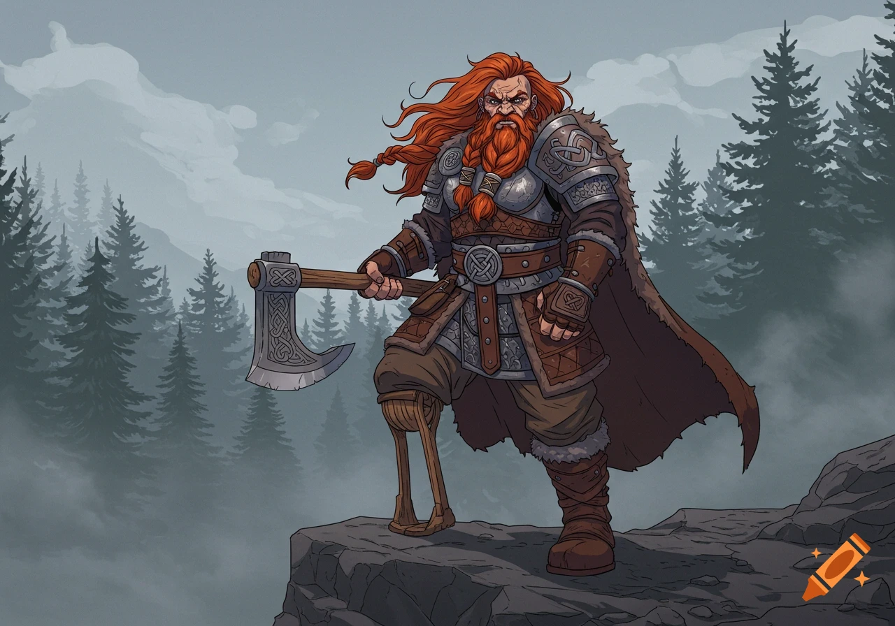 An animated style illustration of a fierce red-haired dwarf viking with a prosthetic leg, holding a large axe, standing on a cliff with a misty forest background.