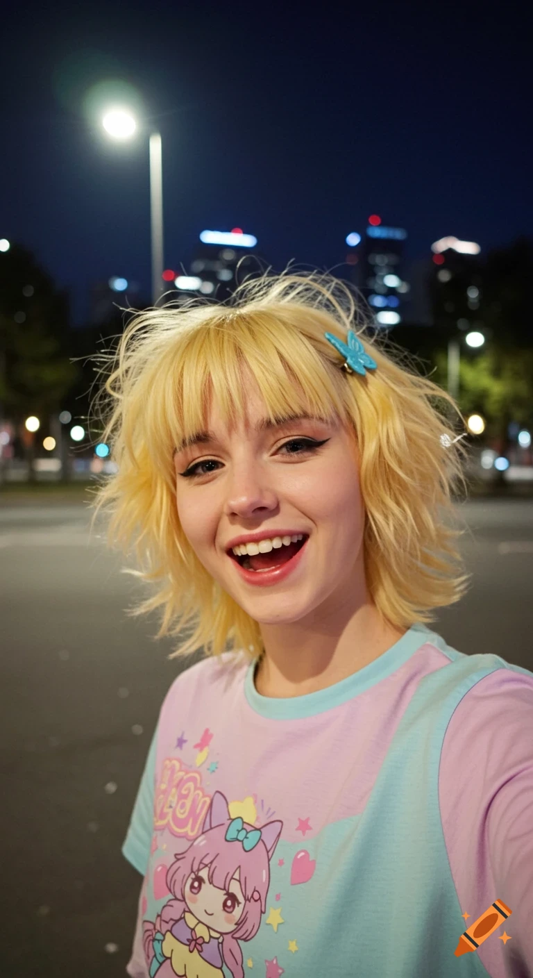 A smiling young woman with messy blonde hair and a butterfly clip takes a selfie on a city street at night, wearing a pastel anime cat-girl t-shirt.