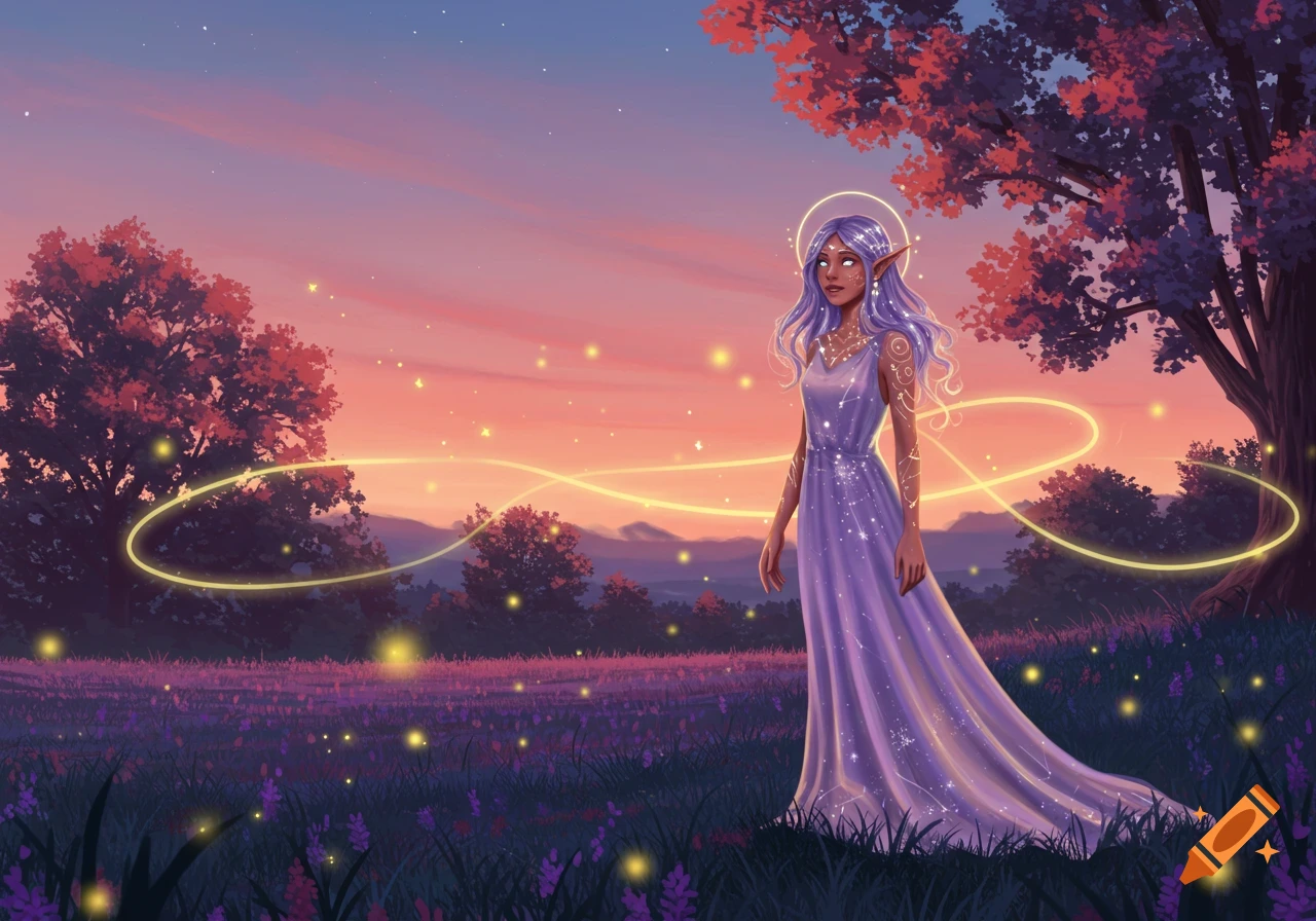 Ethereal elf goddess with purple hair in a field of glowing purple flowers at sunset, surrounded by magical lights and trees.