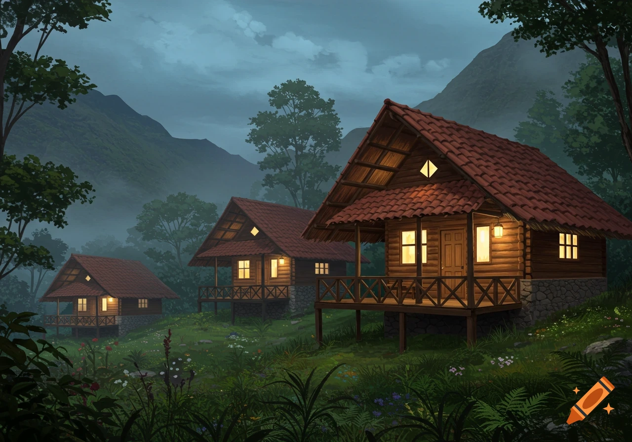 Illustrated eco lodges with warm lights in a misty, mountainous jungle at dusk.