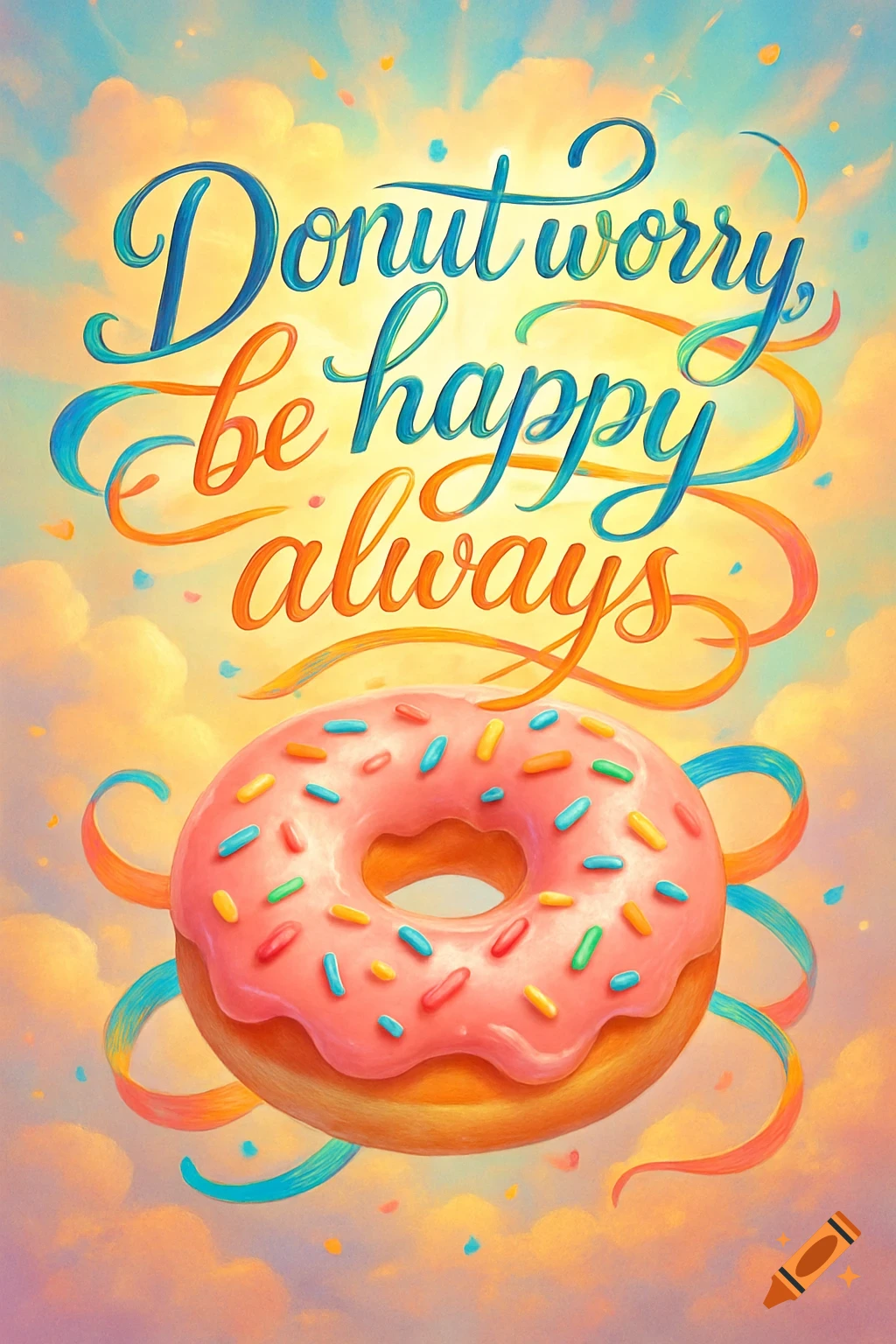 A vibrant illustration of a pink-iced donut with colorful sprinkles, floating in a sunny, cloudy sky with ribbons forming the text 'Donut worry be happy always'.
