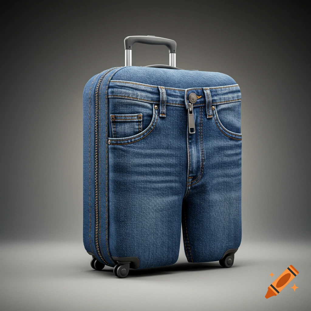 A photorealistic suitcase designed like a pair of blue jeans, complete with pockets and a zipper, standing on wheels.