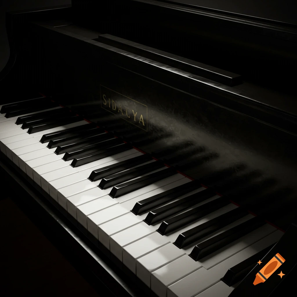 Close-up, angled view of a black grand piano's white and black keys, photorealistic.
