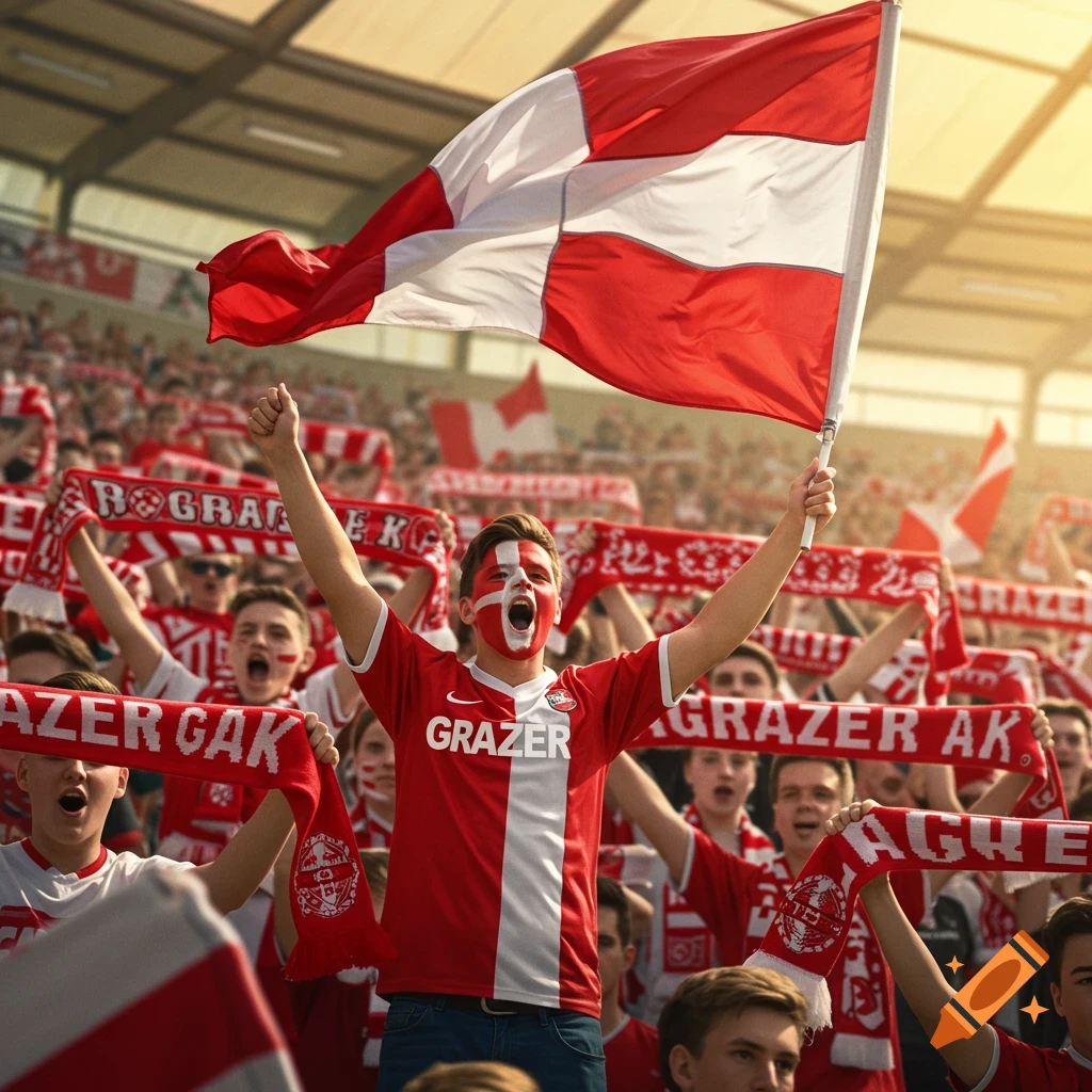 A passionate GAK football fan in a red and white jersey, cheering in a stadium, waving a flag and wearing face paint, surrounded by excited fans.