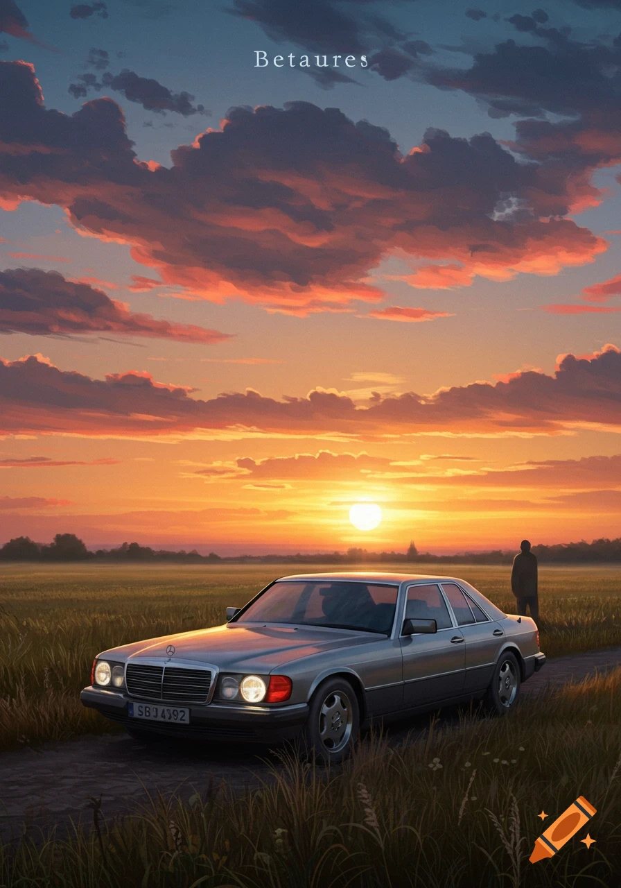 A silver Mercedes-Benz sedan on a dirt road through a field at sunset, with a person standing in the distance. The sky is filled with orange and purple clouds.