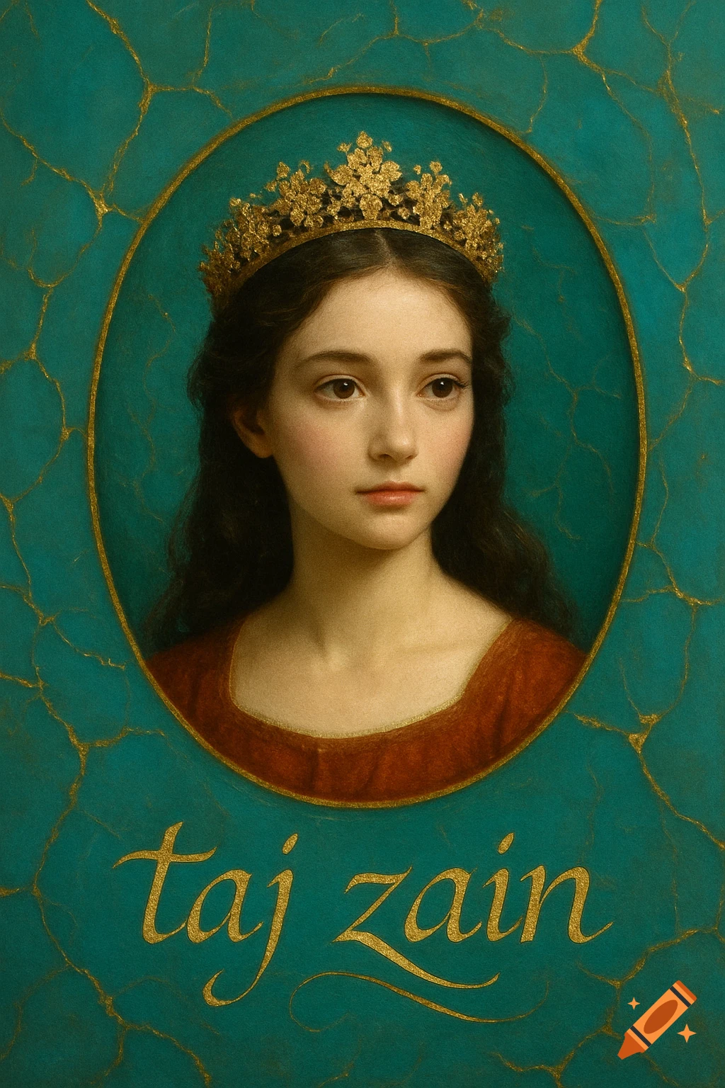 A miniature painting style portrait of a young woman with a golden crown on a teal background with gold crackle, and the name 'taj zain' in gold script.