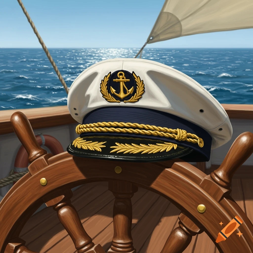 A captain's hat resting on a wooden ship's wheel, with the ocean and a sailboat in the sunny background.