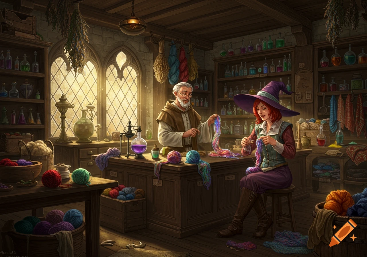 An old man and a witch knit with colorful yarn in a cozy medieval fantasy shop filled with potions.