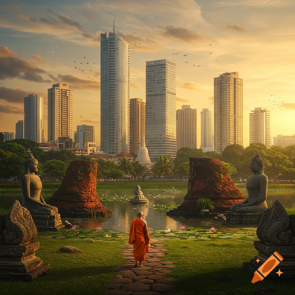 A monk walks towards a serene lake with ancient Buddha statues and ruins, with a modern city skyline at sunset in the background.
