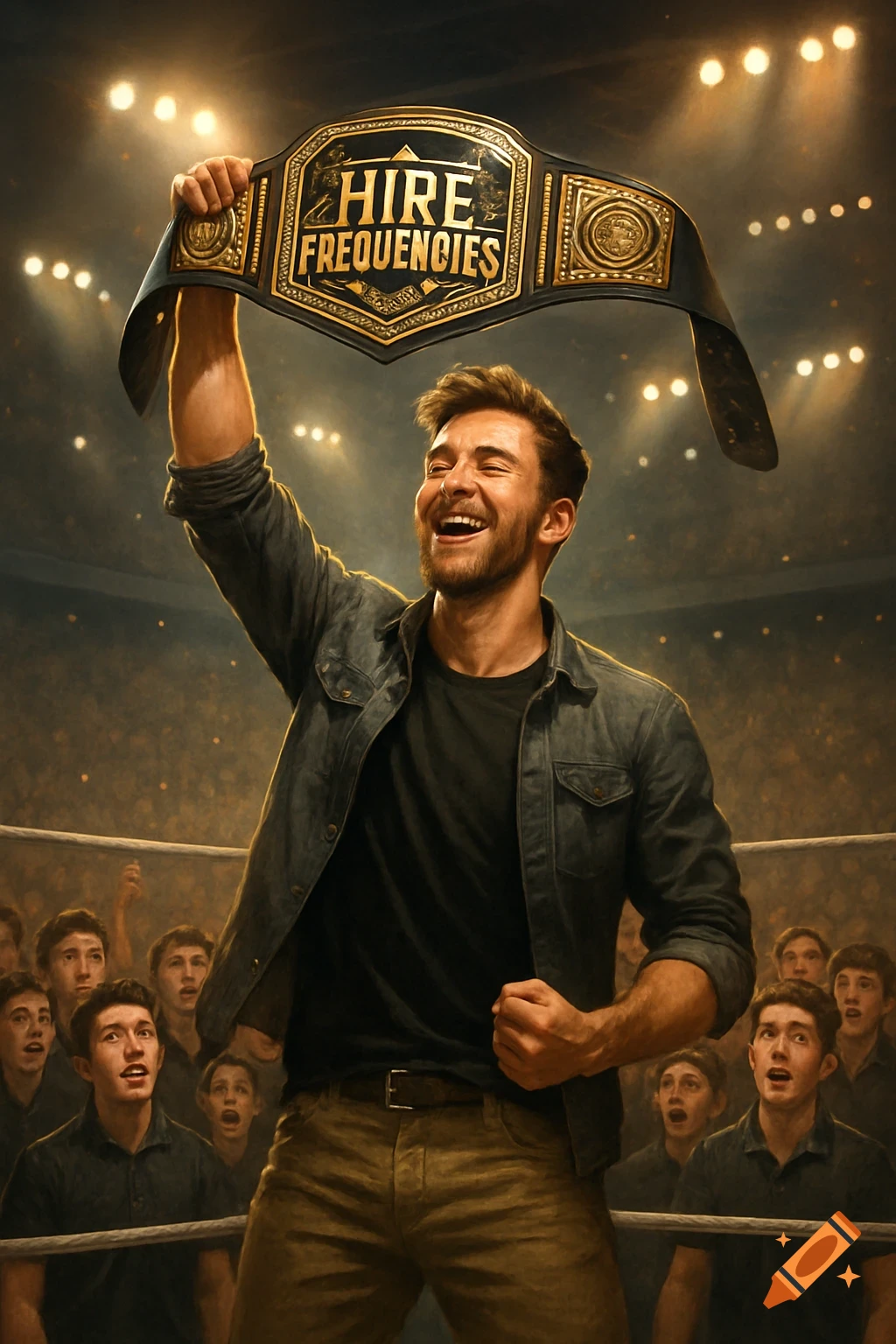 A victorious young man with a beard holds a championship belt high above his head in a wrestling ring, surrounded by an excited crowd, in a realistic, cinematic style.