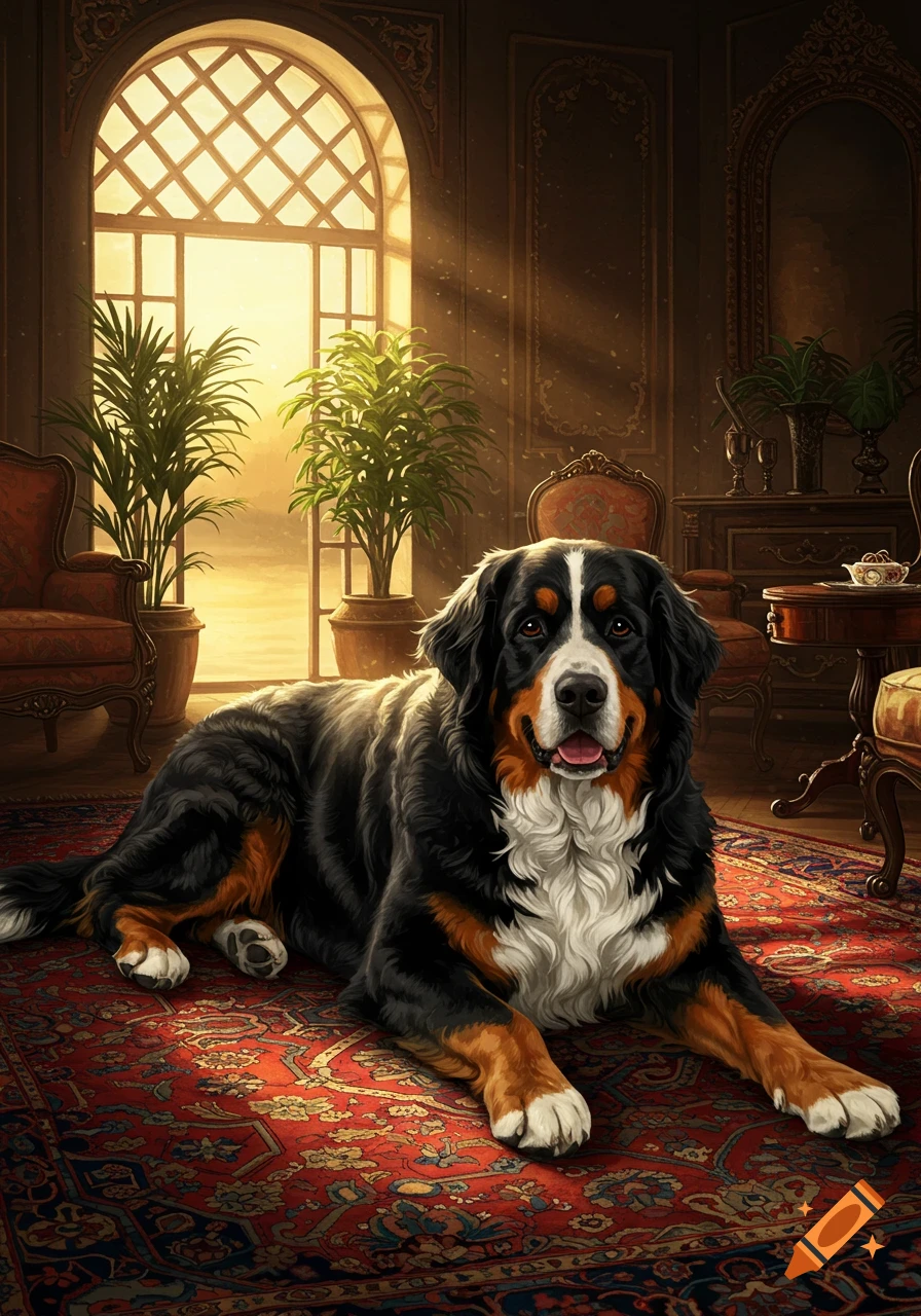 A Bernese Mountain Dog lies on a patterned red rug in a luxurious room with a large arched window.