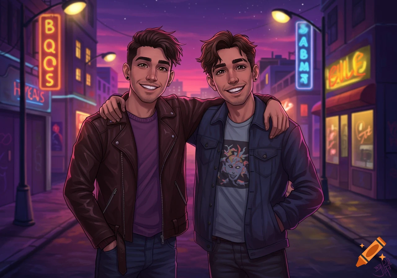 Two smiling young men in cartoon style stand arm-in-arm on a vibrant, neon-lit city street at night.