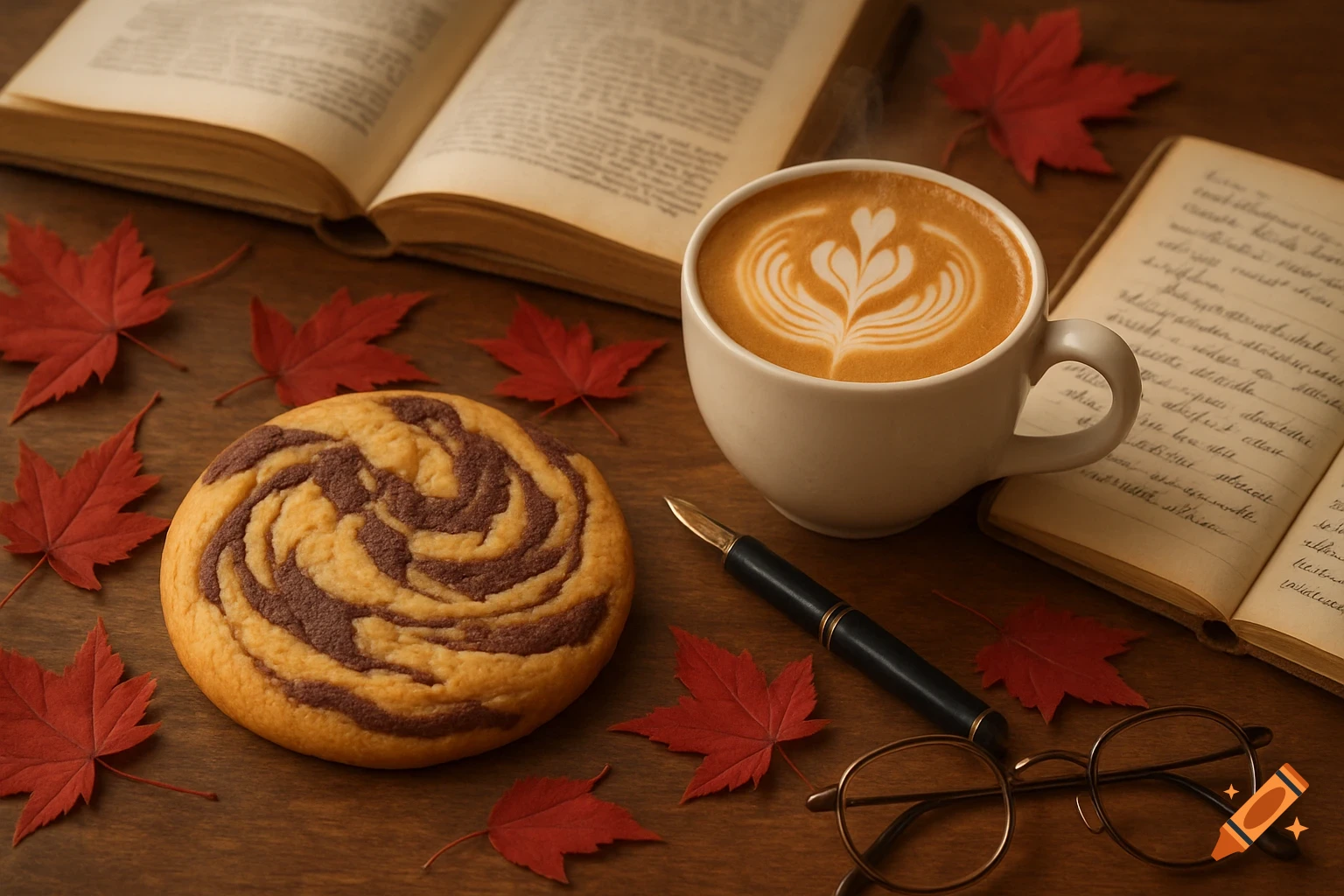 A cozy autumn still life with a marble cookie, latte art coffee, red maple leaves, open books, a pen, and glasses on a wooden table.