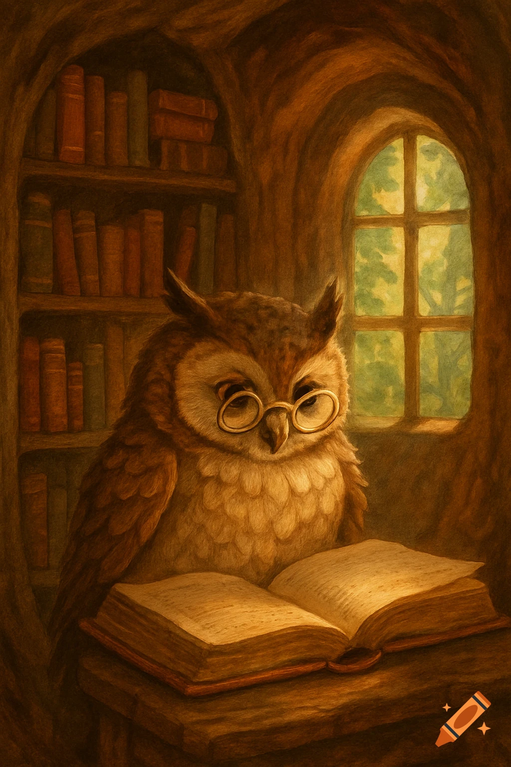 A wise anthropomorphic owl wearing glasses reads an open book in a cozy tree library, surrounded by bookshelves and a window.