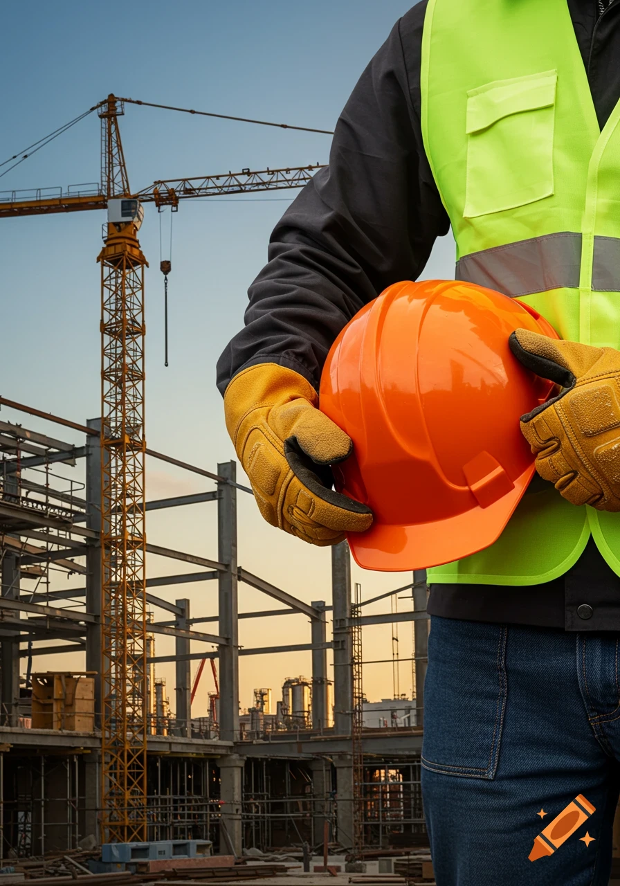 A construction worker in a safety vest and gloves holds an orange helmet against a backdrop of a construction site with cranes.