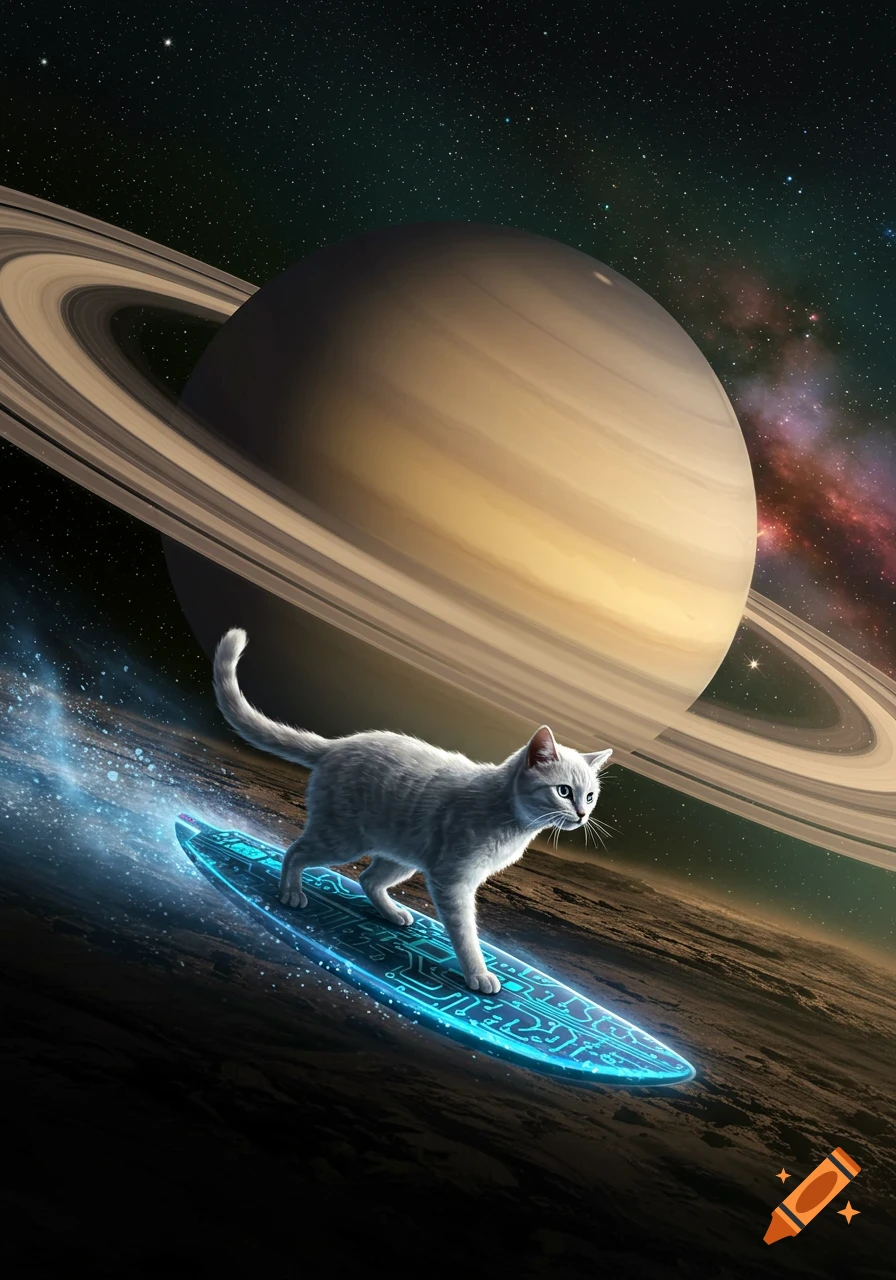 A gray cat surfs on a glowing blue circuit board in space near Saturn, with a distant planet below.