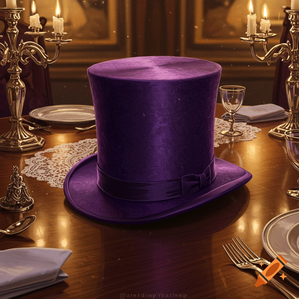 A vibrant purple top hat rests on a polished wooden dining table, surrounded by lit candelabras and elegant place settings.
