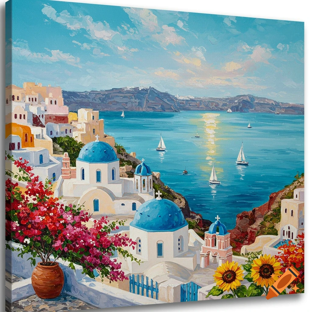 Vibrant oil painting of Santorini with white buildings, blue domes, red bougainvillea, and sunflowers overlooking a sea with sailboats under a cloudy sky.
