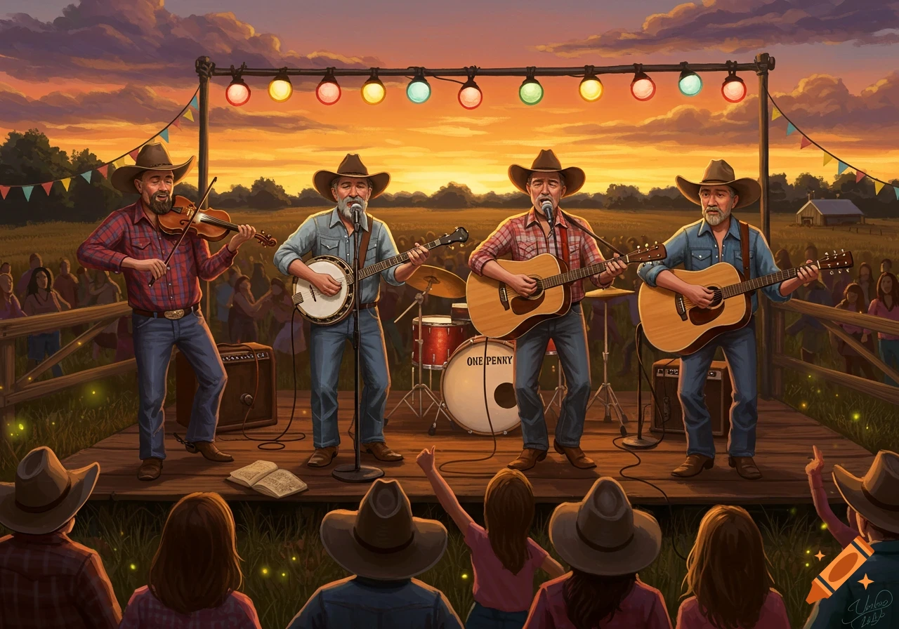 A country band performs on an outdoor stage at sunset, playing a fiddle, banjo, and guitars for a crowd.