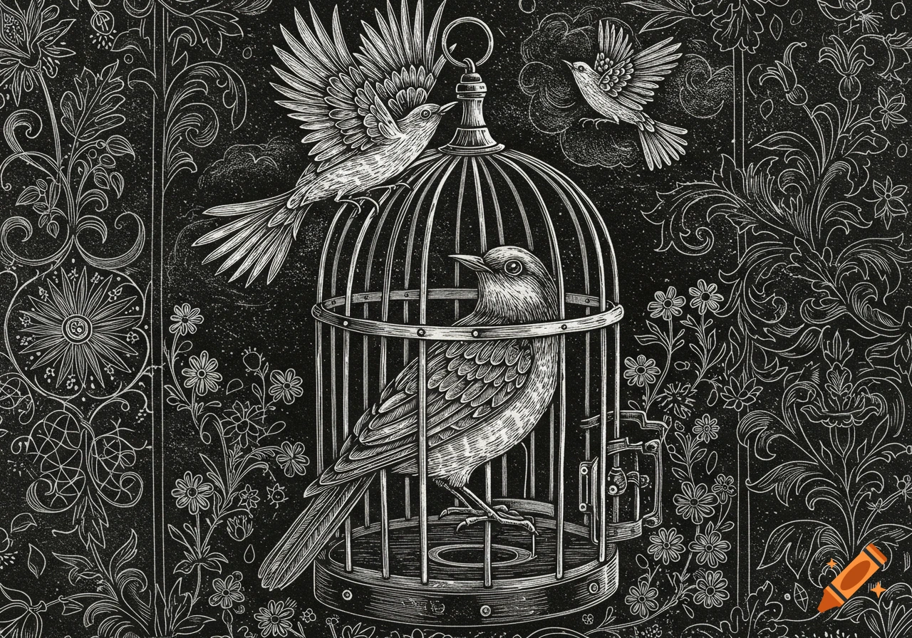 Black and white linocut illustration with a bird in a cage, one on top, and another flying away, against intricate floral patterns.