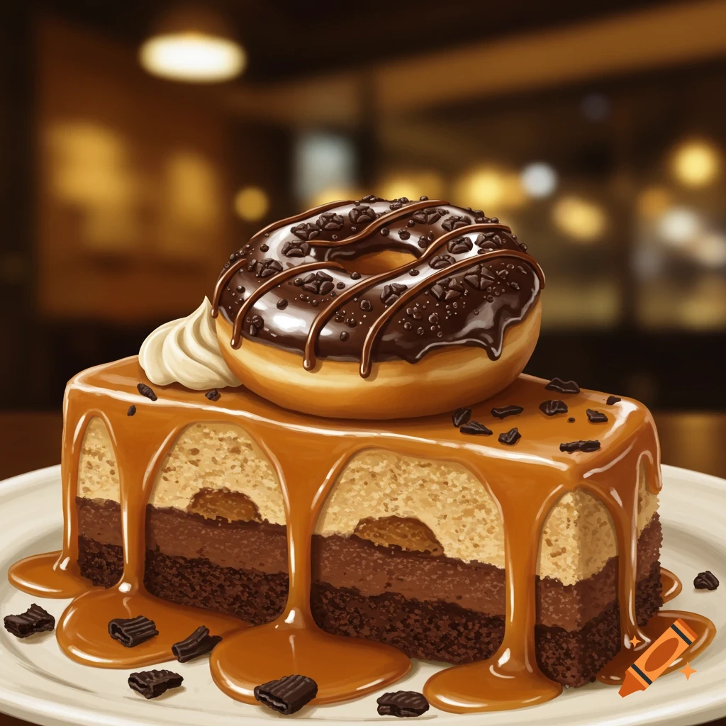 A rich caramel mudcake slice topped with a chocolate-frosted doughnut, heavily drizzled with golden caramel, on a white plate in a blurred cafe setting.