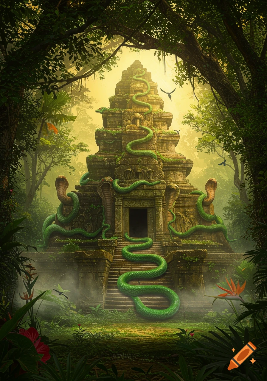 Ancient, moss-covered stone temple in a lush jungle, enveloped by giant green snakes, under a misty, bright sky. Fantasy art.