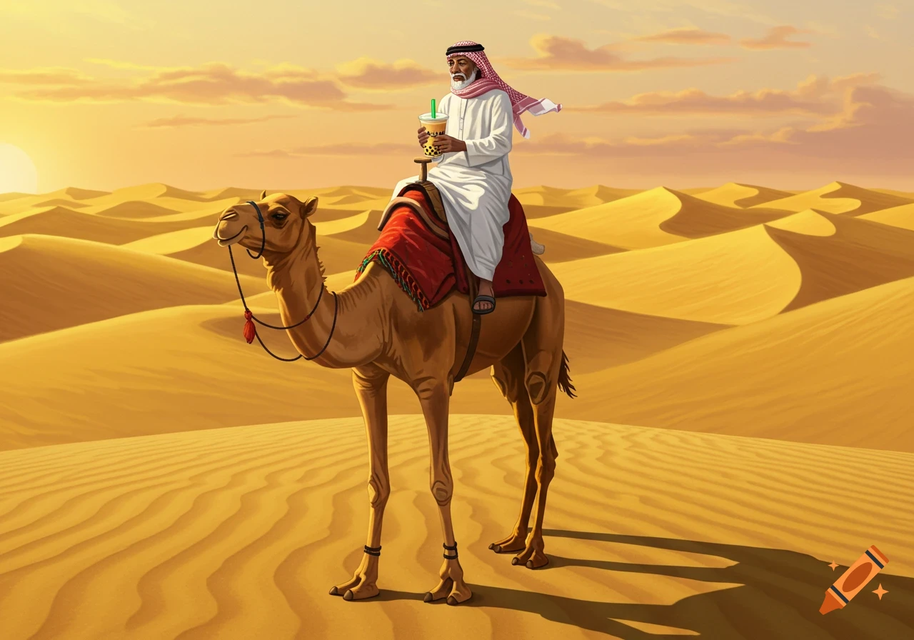 An older Arab man rides a camel through a desert at sunset, sipping boba tea, in an illustrative style.