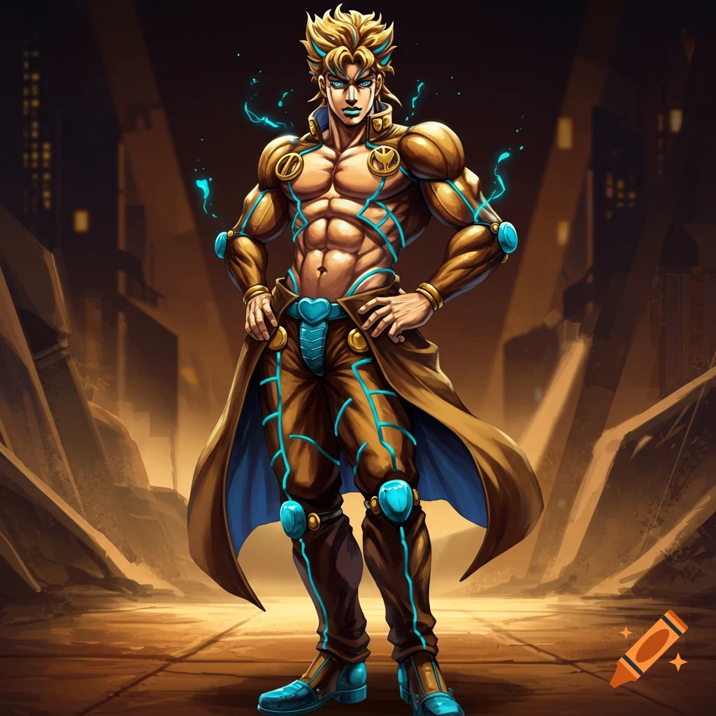 Muscular blonde male anime character in a gold and brown outfit with blue glowing accents, standing in a ruined city.