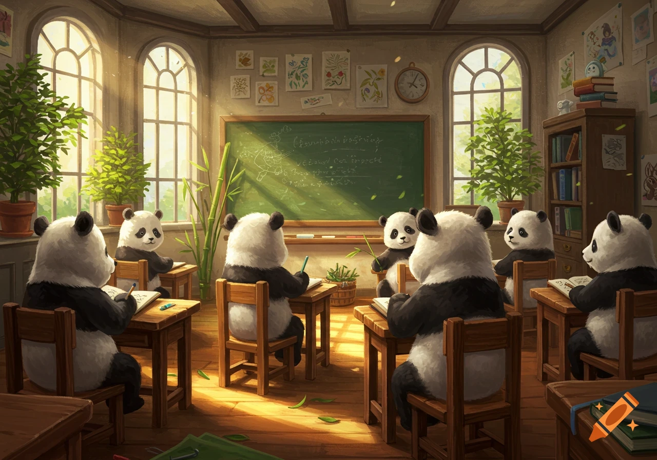 A charming illustration shows several cute pandas sitting at desks in a sunny classroom, looking at the blackboard and writing.